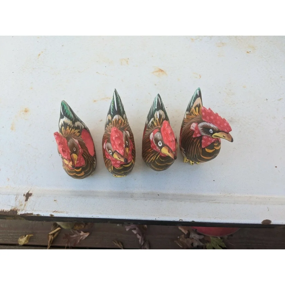 Folk Art Wood Painted Chicken Napkin Ring Holders Set of 4